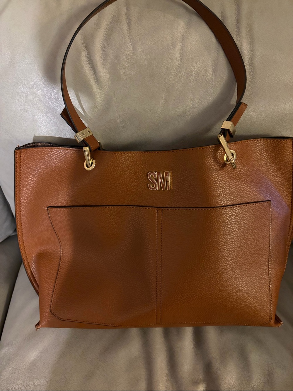 Brown Pebbled Leather Tote with Front Pocket